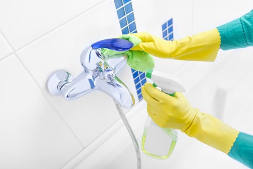 Cleaning technician assessing carpet cleaning risks